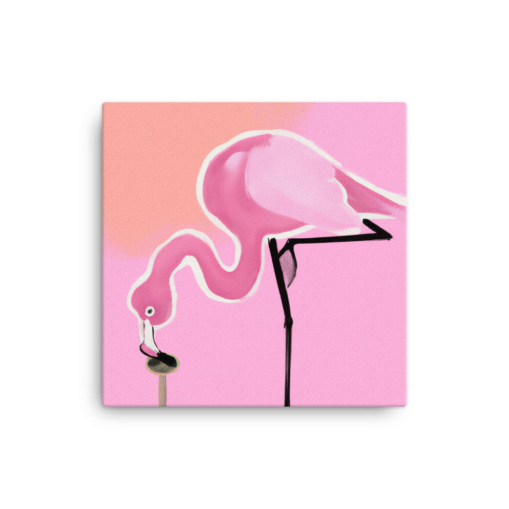 Pink flamingo teetering to eat