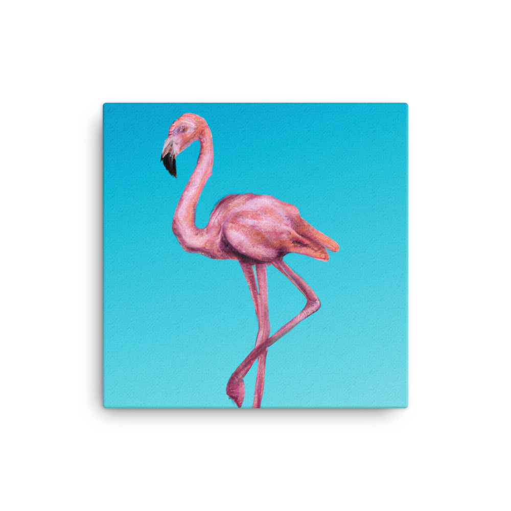 Strutting flamingo on blue