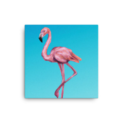 Strutting flamingo on blue