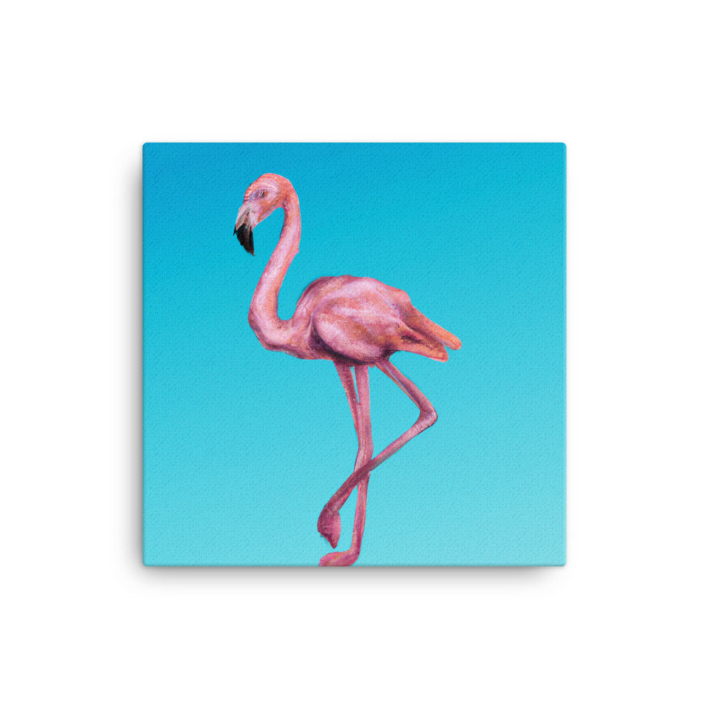 Strutting flamingo on blue